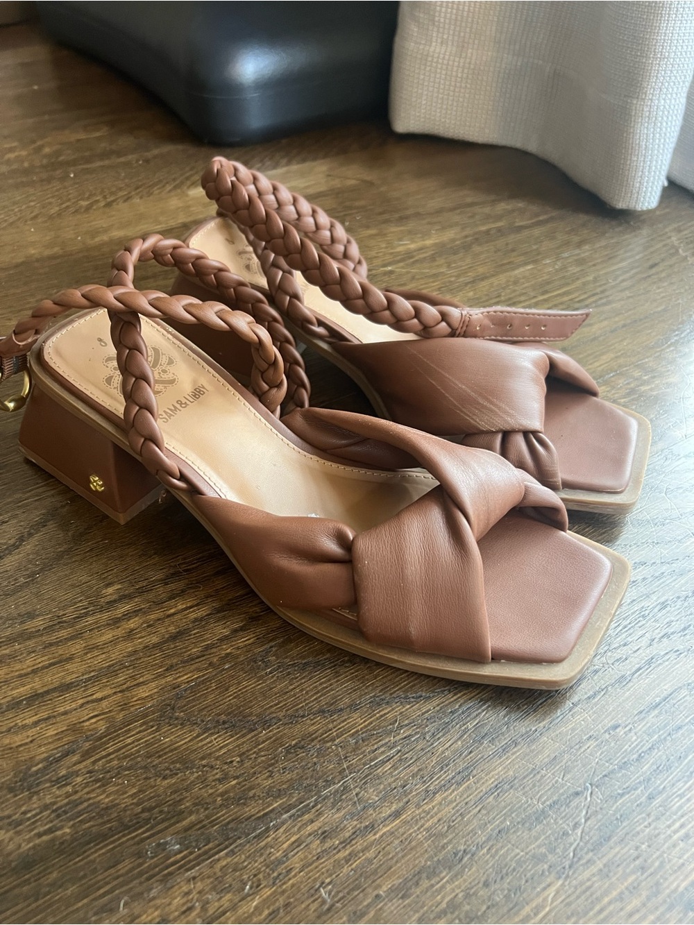 Sam & Libby Tan Braided-Knot Block Heel Sandals